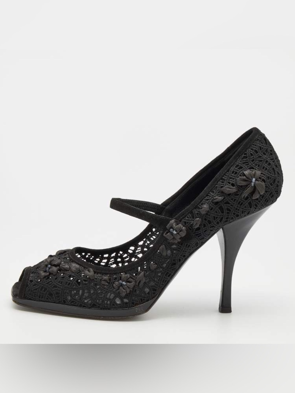 Casadei Black Lace Peep-Toe Mary Jane Heels